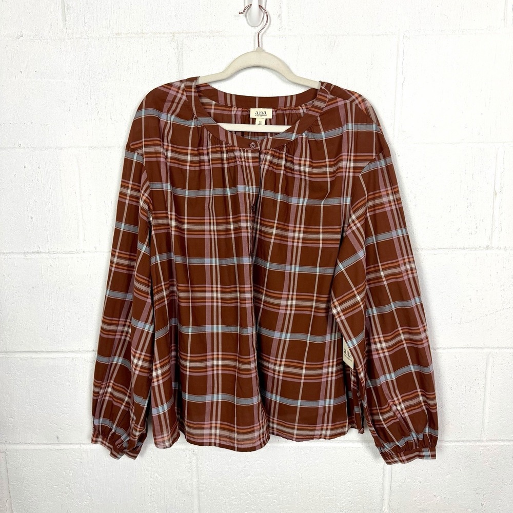 A.N.A. NWT Plaid Button Up Peasant Top Plus Size 2X Brown Cottage Western Casual